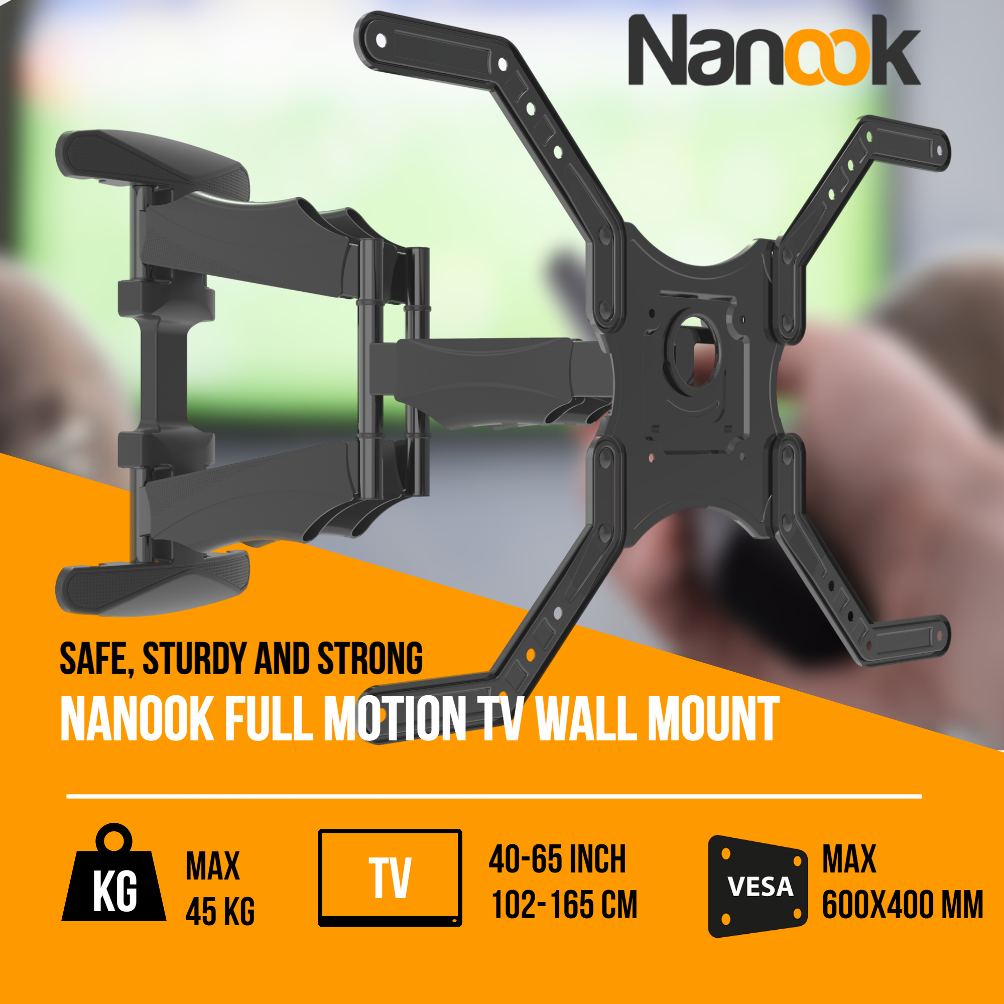 Czarny uchwyt ścienny do telewizora ze specyfikacjami. Posiada czarny design i tekst na jasnym tle.