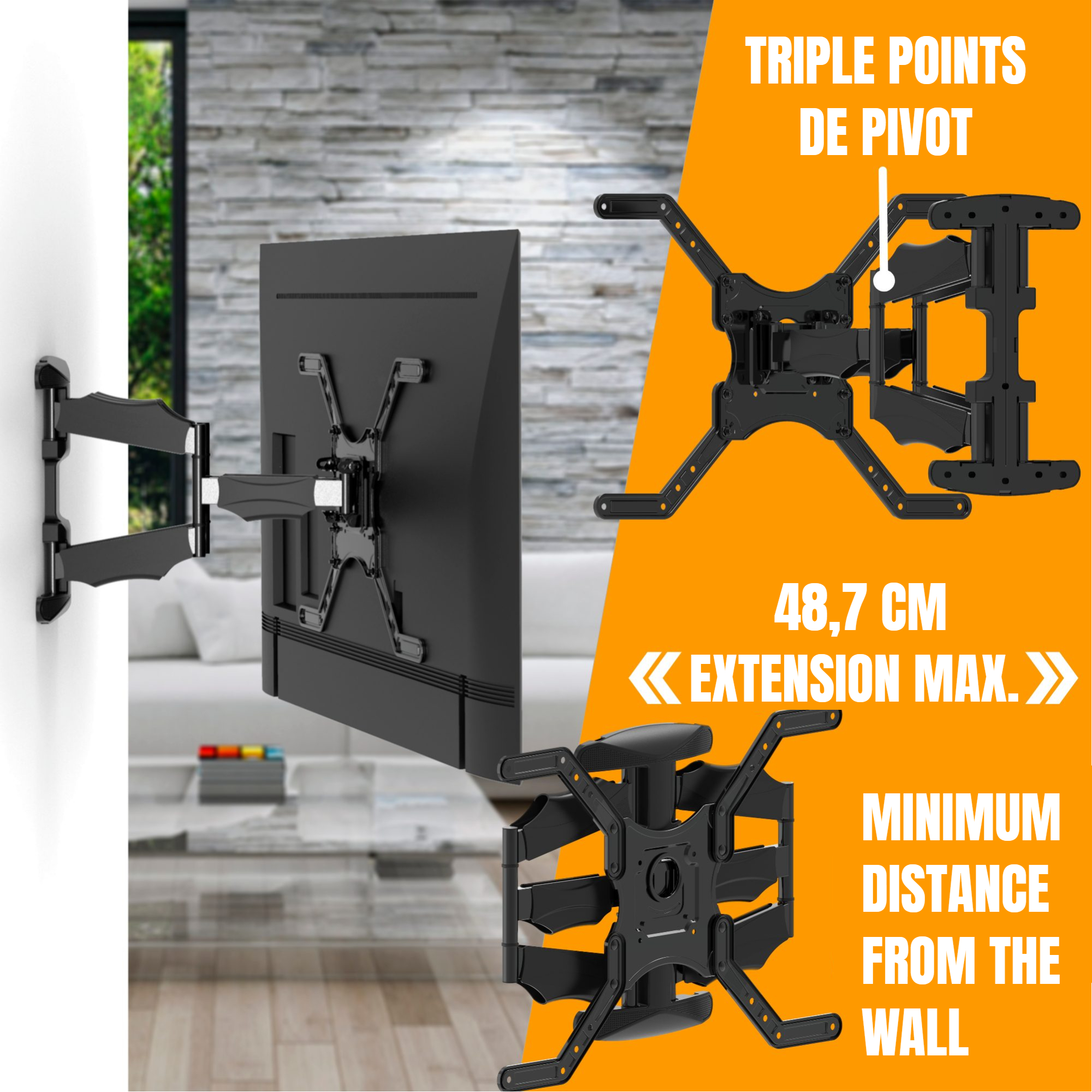 Uchwyt ścienny do telewizora z telewizorem na ścianie. Tekst wyróżnia punkty obrotu i wysuw.