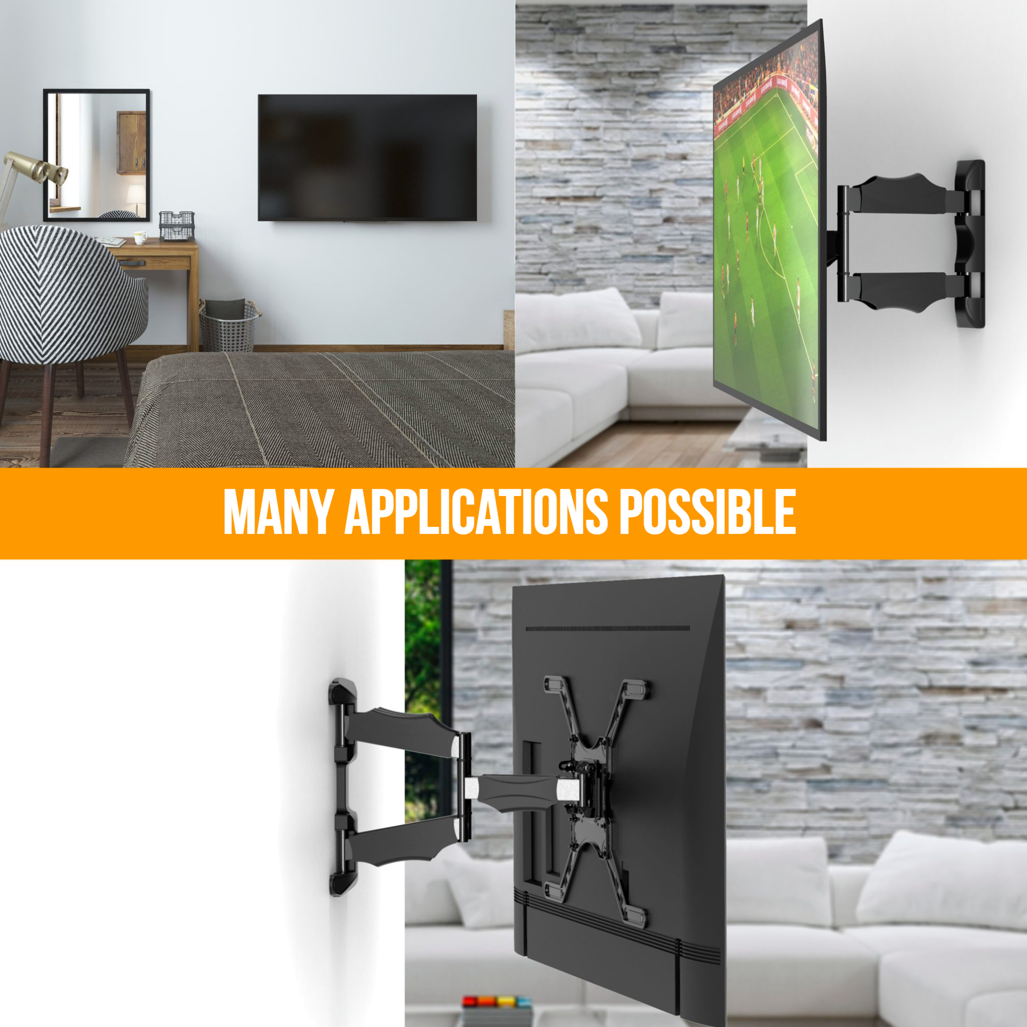 Telewizory montowane na ścianie w różnych ustawieniach, prezentujące różne zastosowania.