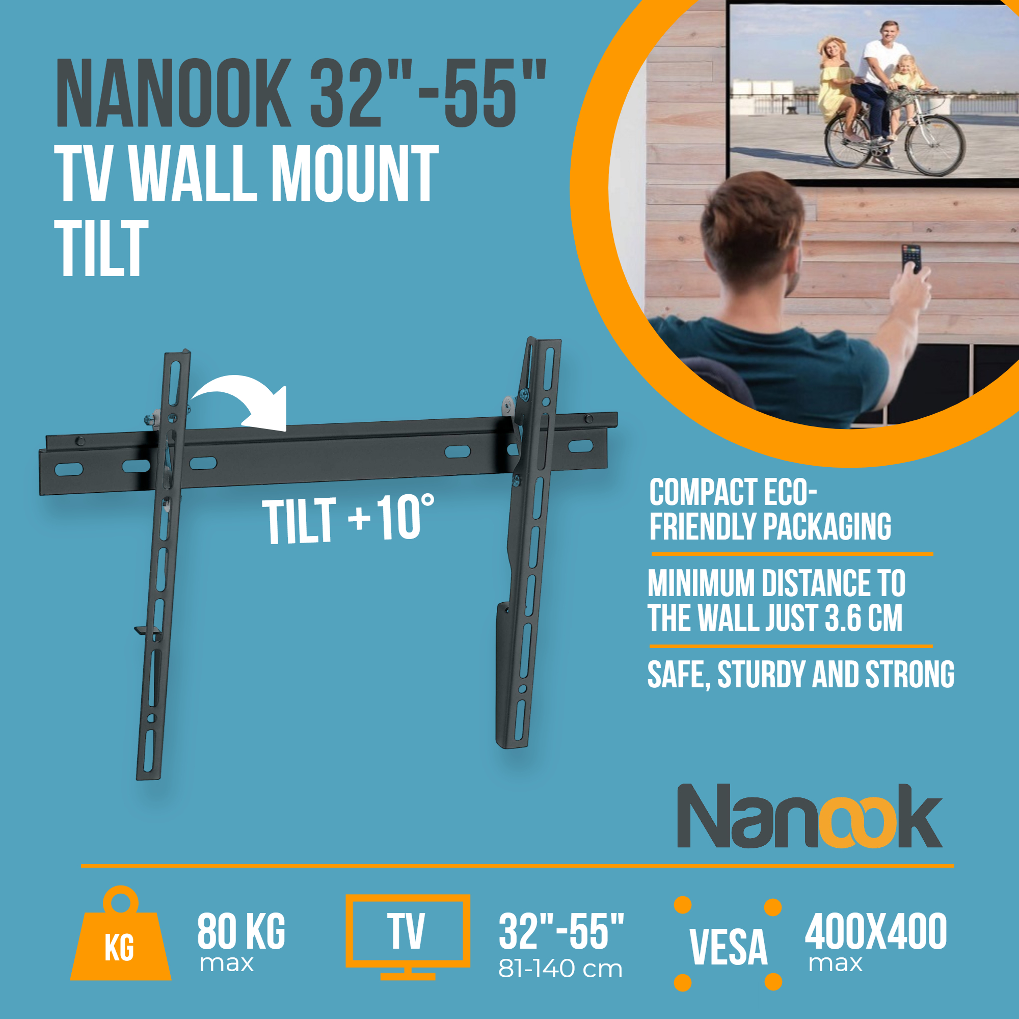 Uchwyt ścienny TV z pochyleniem. Szczegóły: rozmiar TV, waga, VESA i nazwa marki.