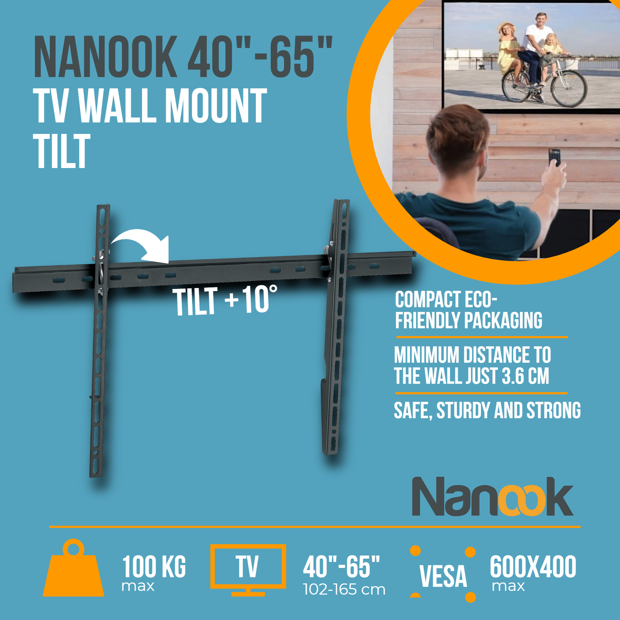 Uchwyt ścienny do telewizora z funkcją pochylania. Zawiera tekst i diagram. Wyświetla wagę i rozmiar TV.