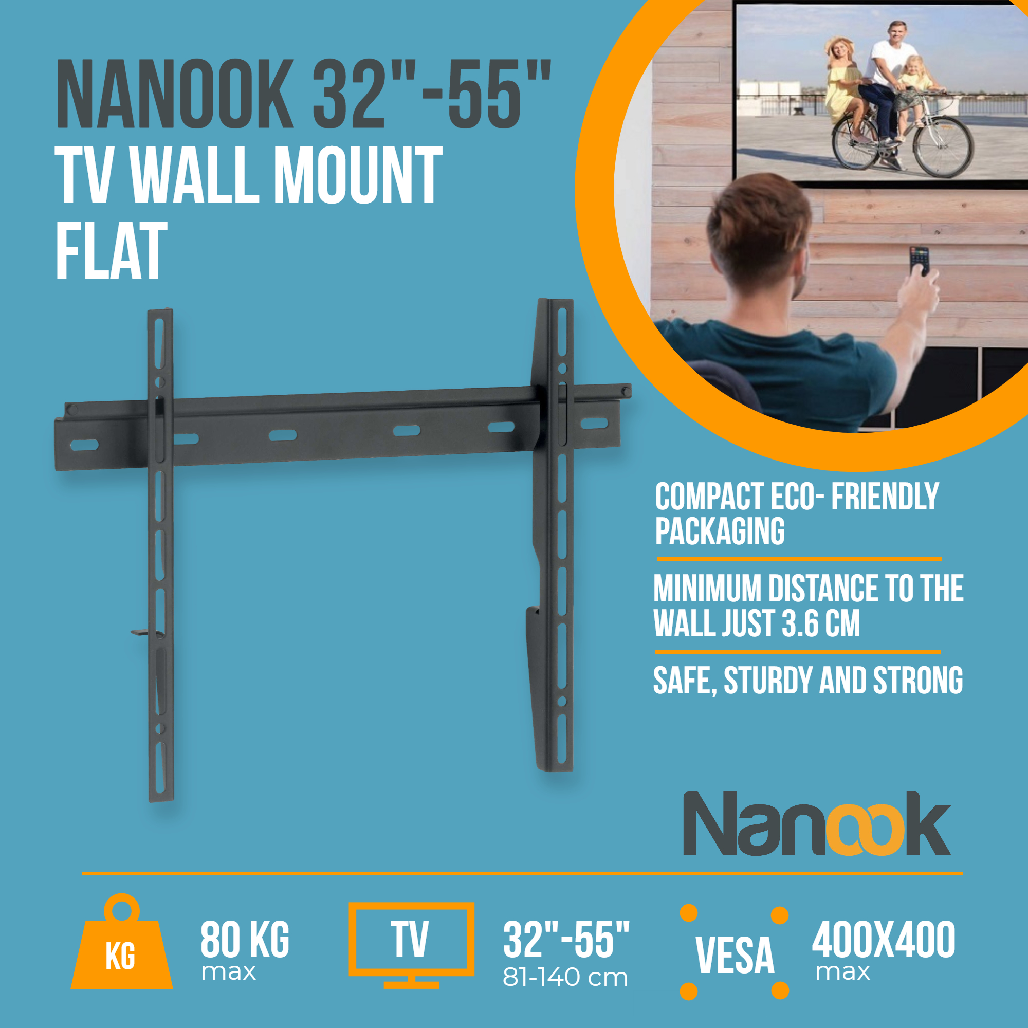 Soporte de pared para TV con información del producto. Muestra un televisor montado y detalles del producto: peso, tamaño y VESA.