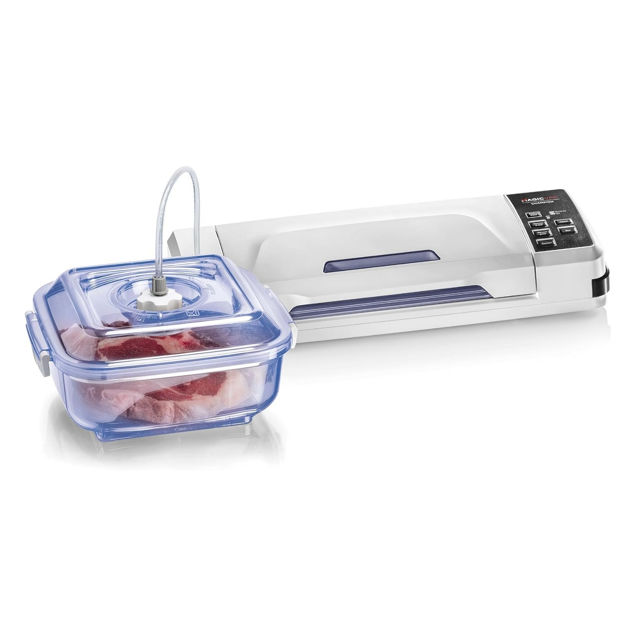 Biała zgrzewarka próżniowa z niebieskim pojemnikiem na mięso i oddzielną próżnią.
