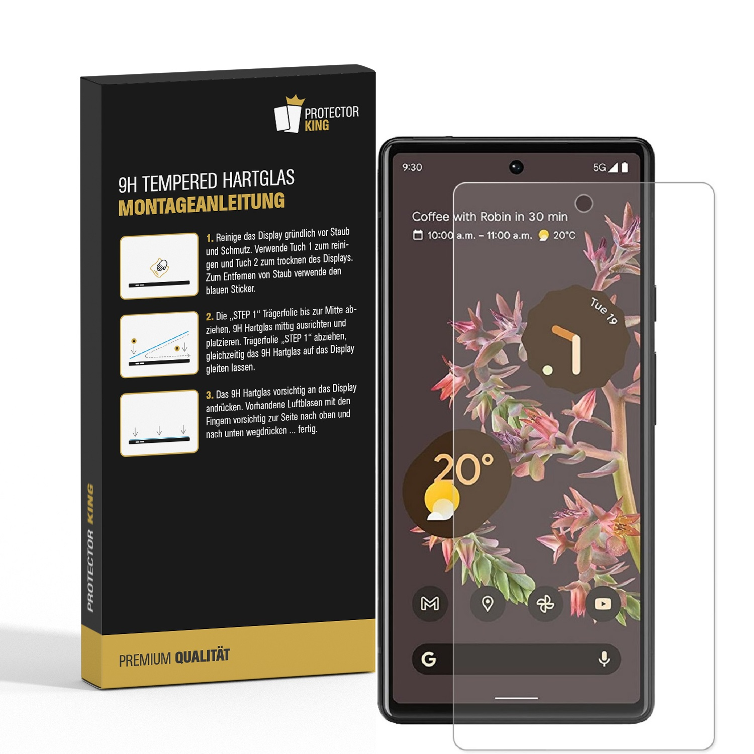 Box einer Telefonschutzfolie, Telefon mit installierter Schutzfolie und Anweisungen.