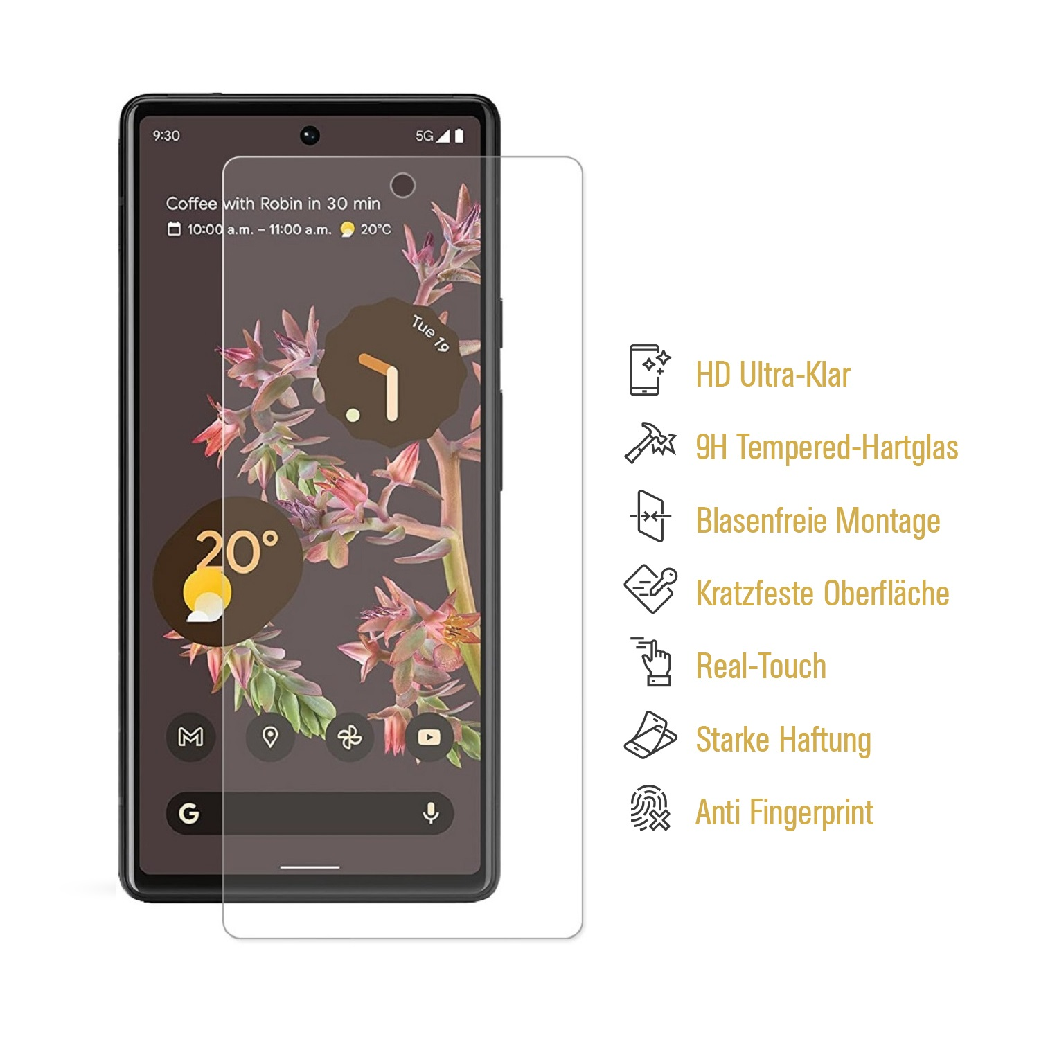 Displayschutzfolie auf einem Telefon, mit Text, der Funktionen beschreibt.