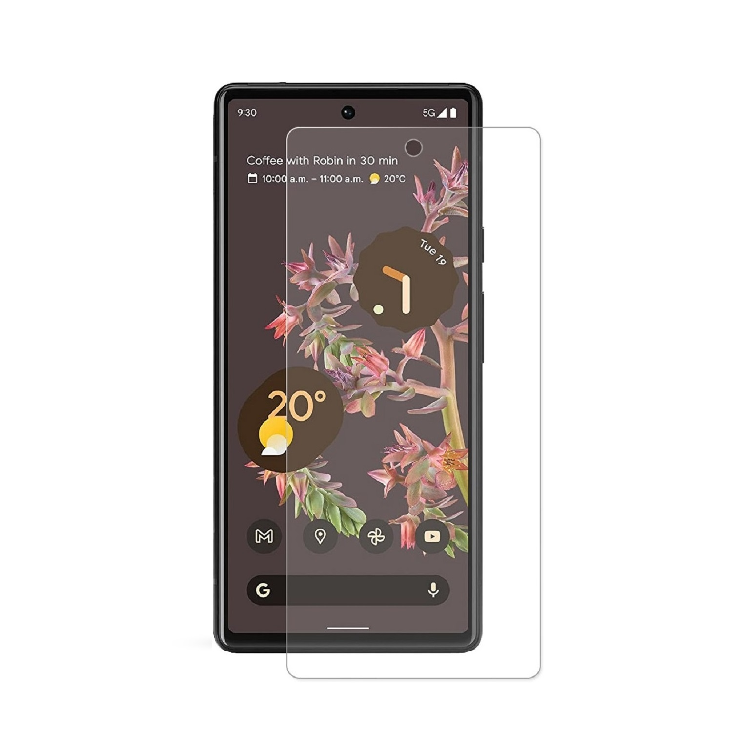 Ein Smartphone mit Displayschutz. Der Bildschirm zeigt Zeit, Wetter und Kalender.