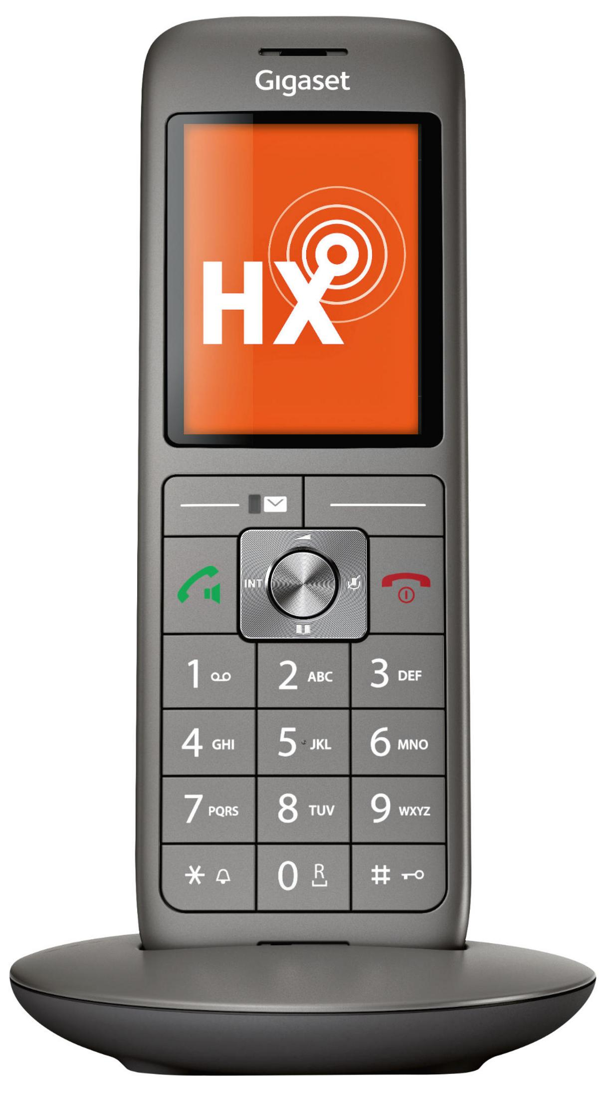 A grey Gigaset cordless phone on its charging base, with an orange display.