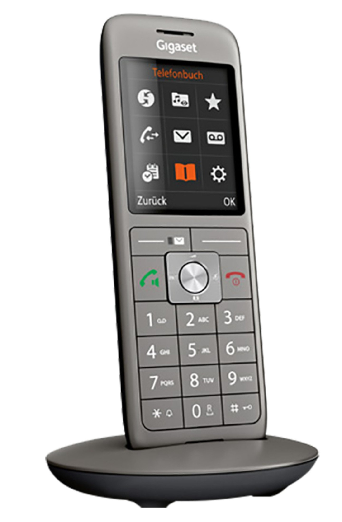 Gray Gigaset phone with a base, featuring a screen and numbered keypad.