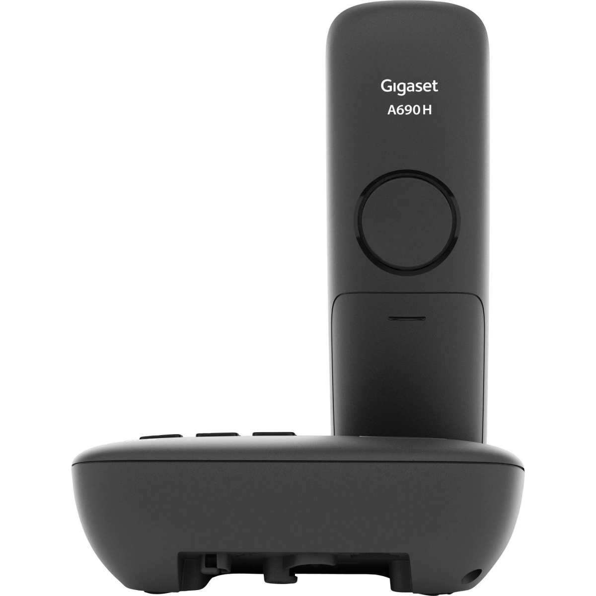 Un telefono cordless Gigaset A690H nero sulla sua base di ricarica, visto di lato.