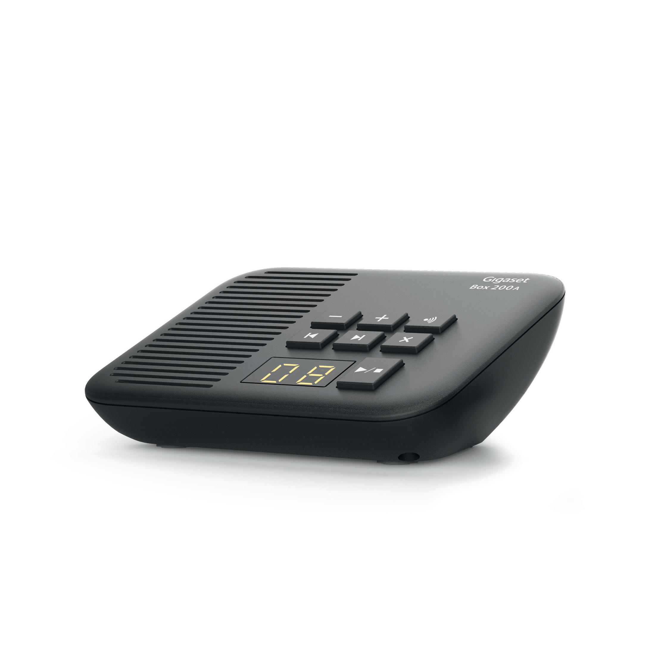 Un dispositivo Gigaset Box 200A nero con pulsanti e display, visto da un'angolazione leggermente rialzata.