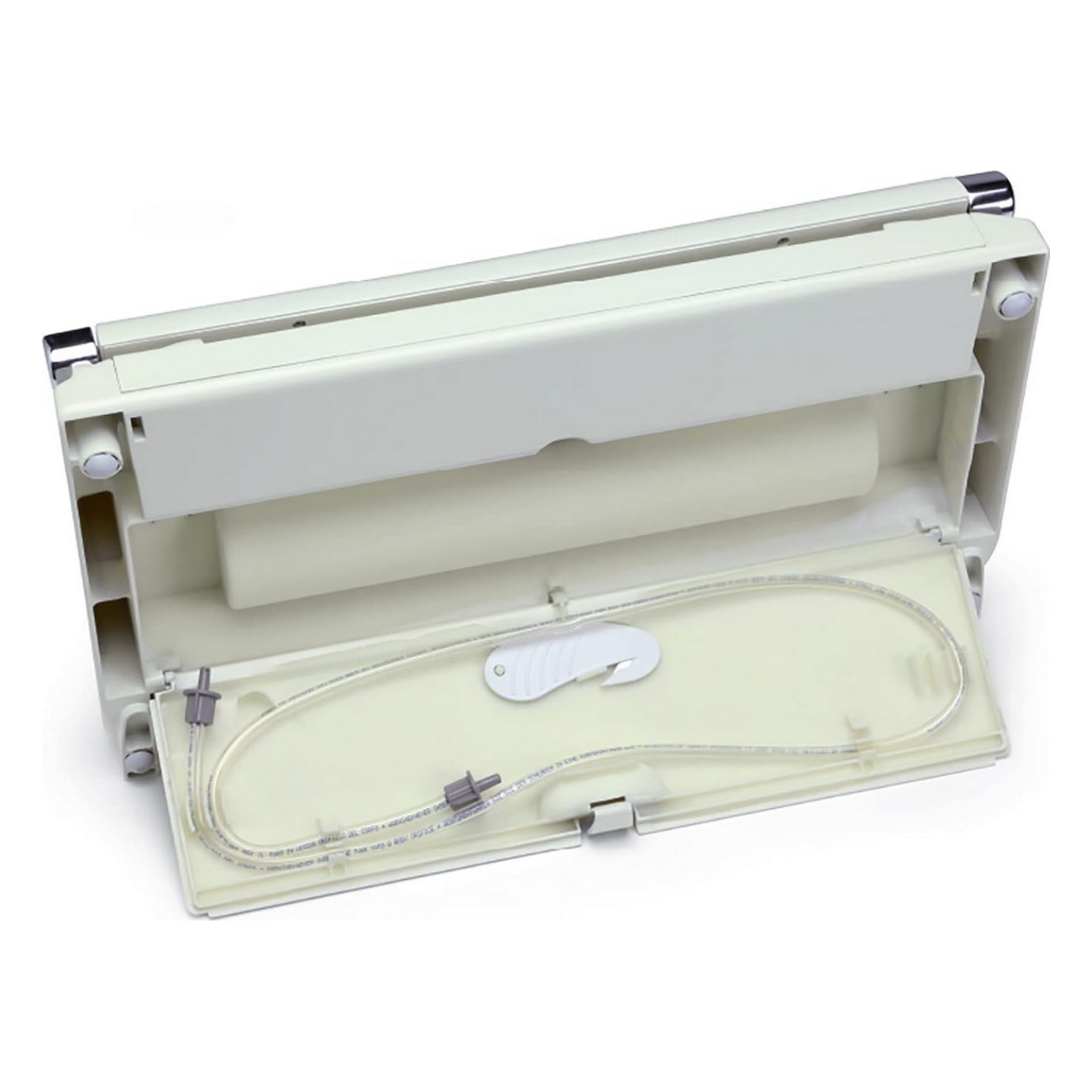 Biała zgrzewarka próżniowa z otwartą pokrywą, odsłaniająca rurkę i białą rolkę w środku.