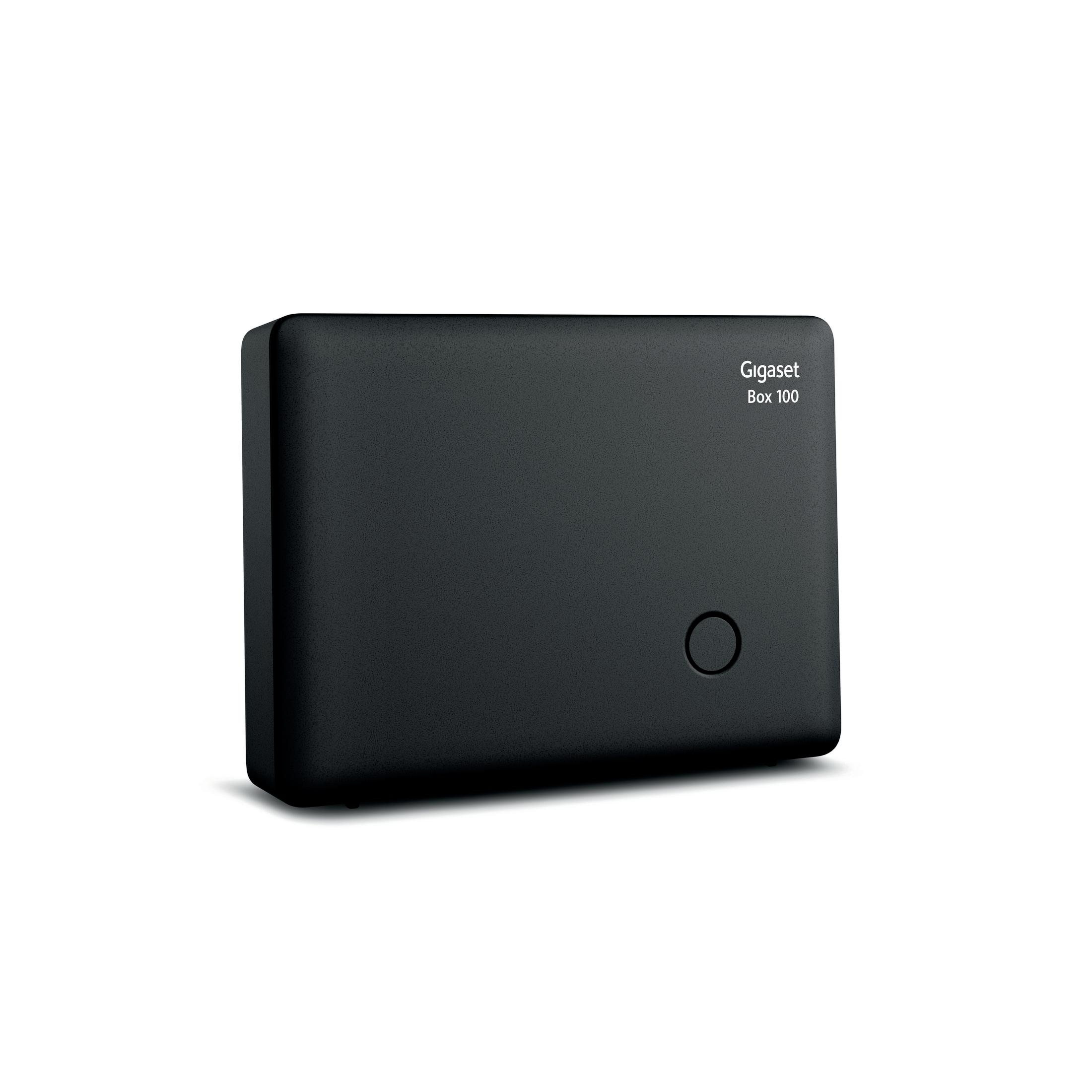 Router Gigaset Box 100 nero con pulsante circolare e marchio Gigaset, su sfondo bianco.