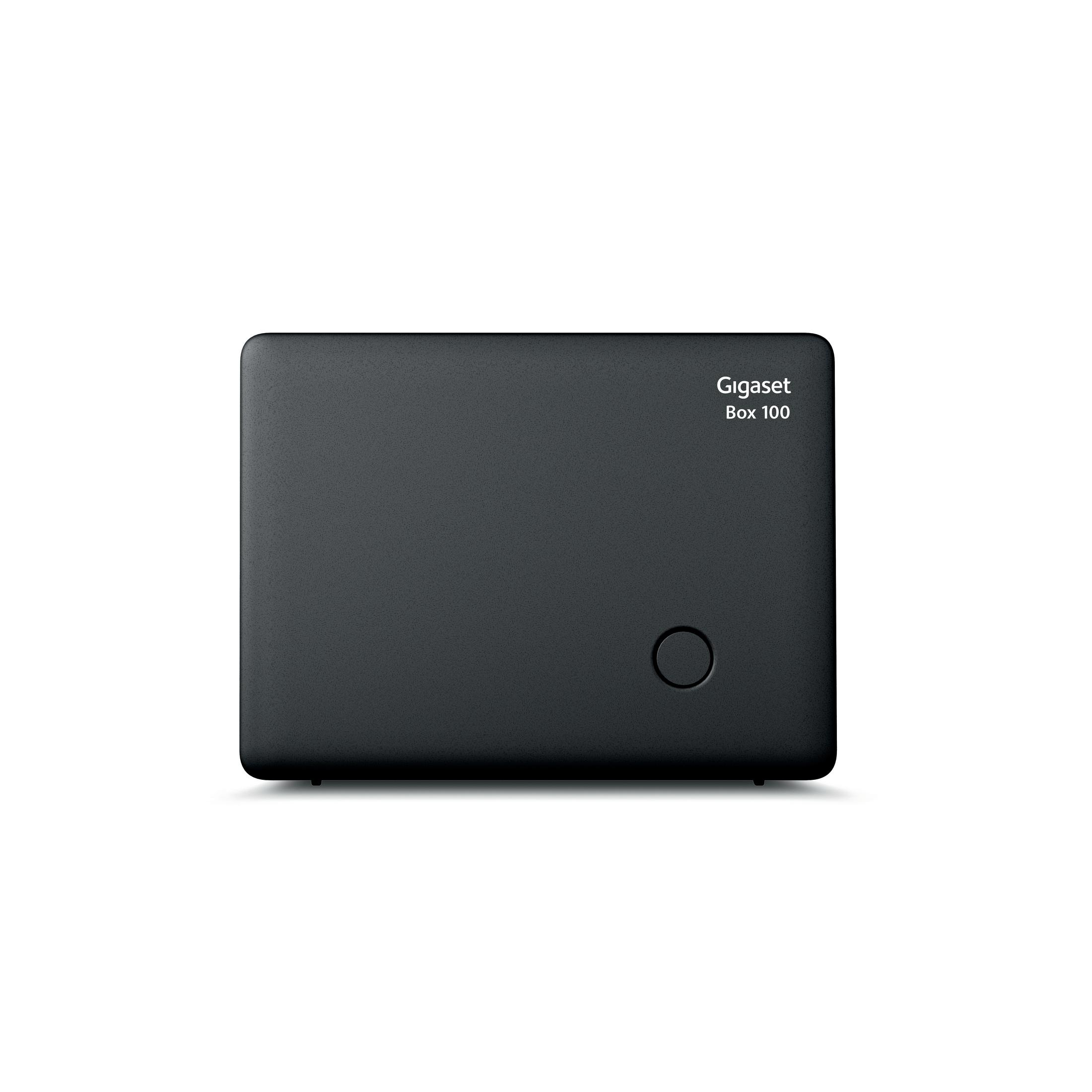 Un dispositivo Gigaset Box 100 nero, una piccola scatola rettangolare.