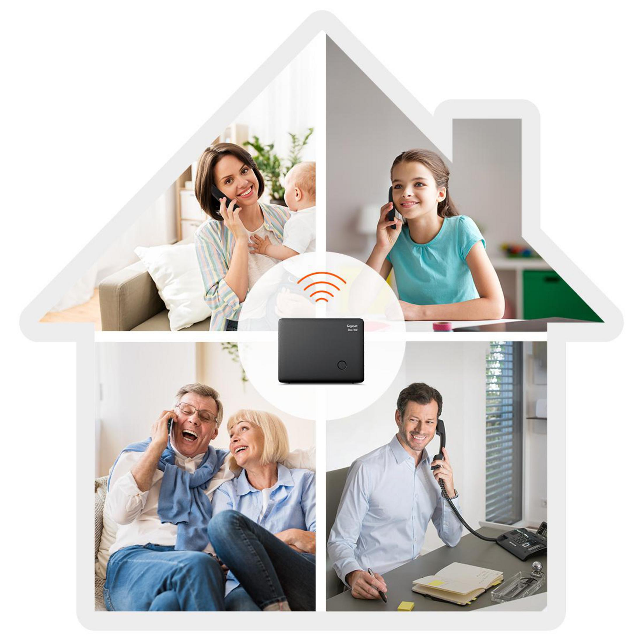 Un contorno di casa con quattro persone al telefono. Simbolo wireless al centro.