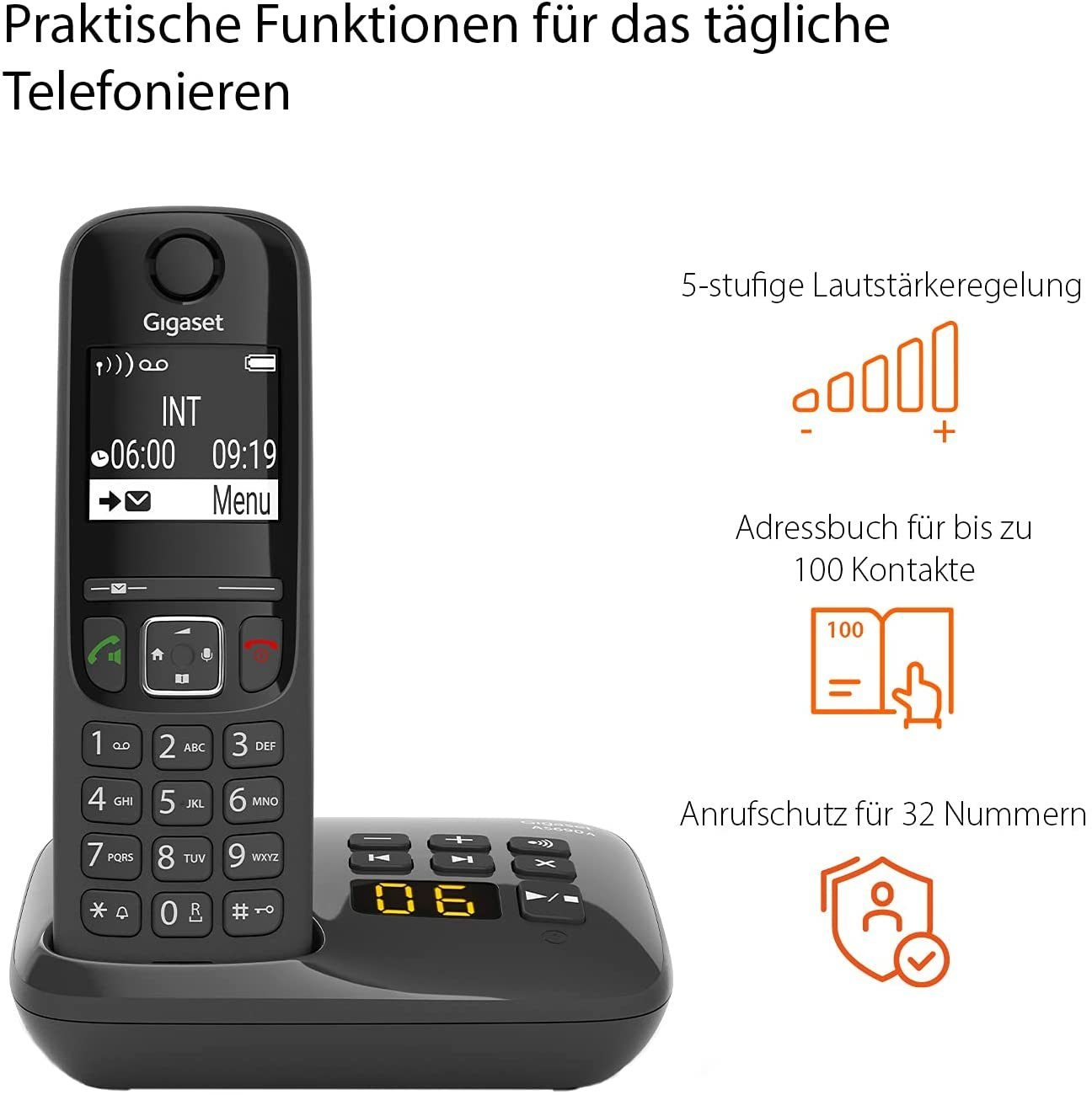 Ein schwarzes Gigaset-Telefon mit schwarzer Basis. Text und Symbole veranschaulichen Funktionen wie Adressbuch und Anrufblockierung.