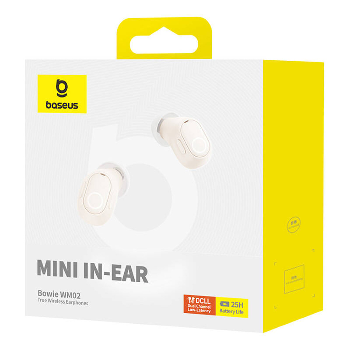 Weiße und gelbe Box mit weißen Ohrhörern, die Box hat den Text 'MINI IN-EAR'.