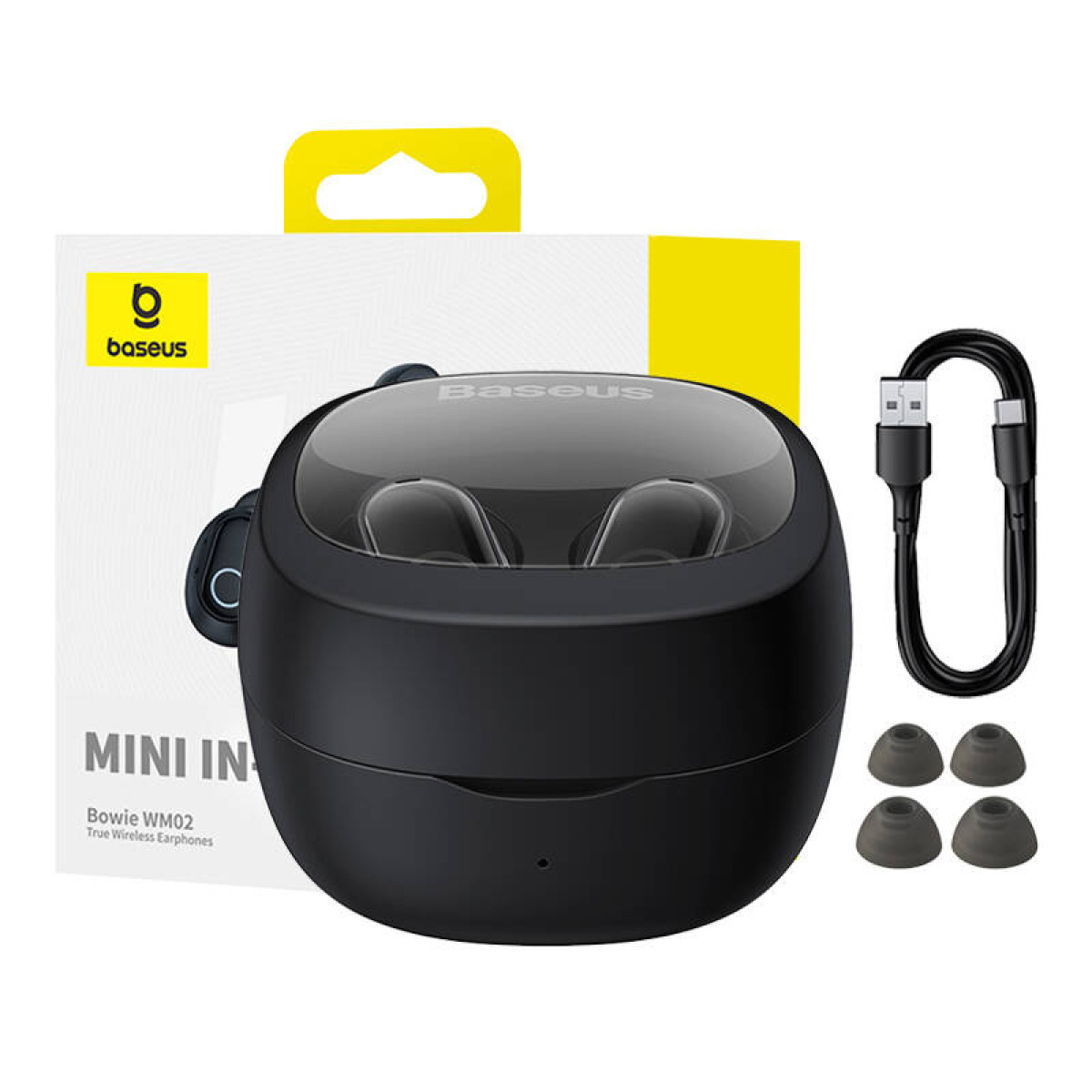 Schwarze Ohrhörer, Ladecase, zusätzliche Ohrstöpsel und ein Ladekabel in einer Box.