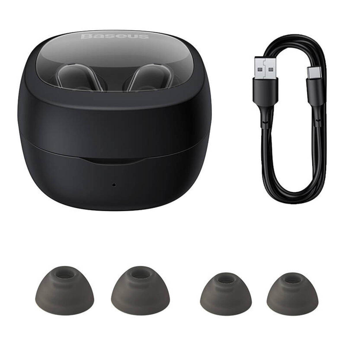 Czarne słuchawki Baseus w etui ładującym, z kablem USB-C i dodatkowymi wkładkami dousznymi.