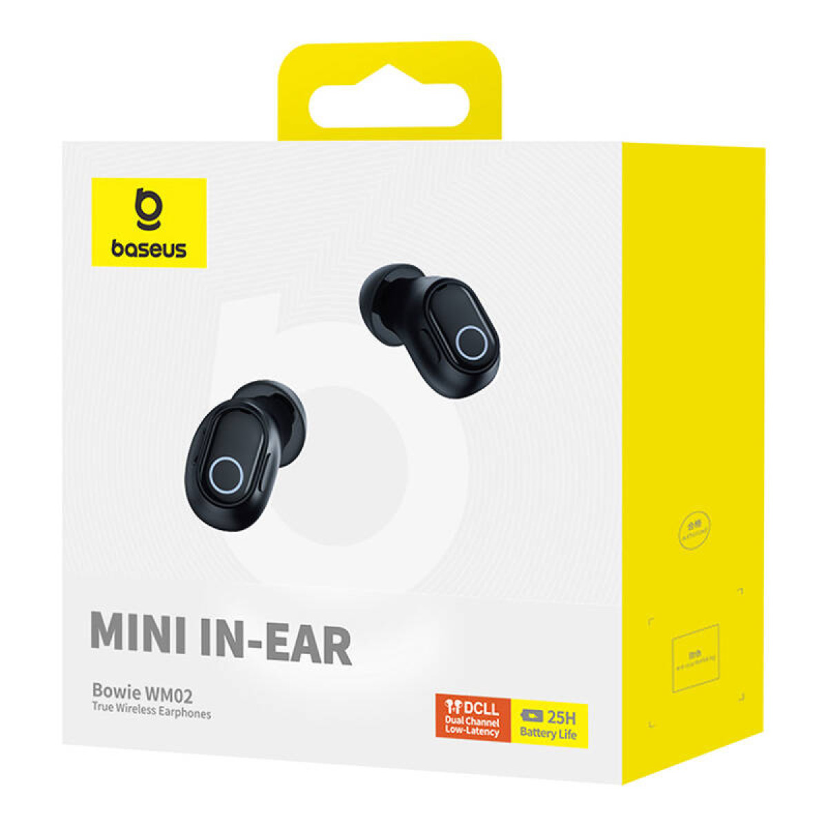 Pudełko czarnych bezprzewodowych słuchawek z etui ładującym, z napisem 'MINI IN-EAR'.