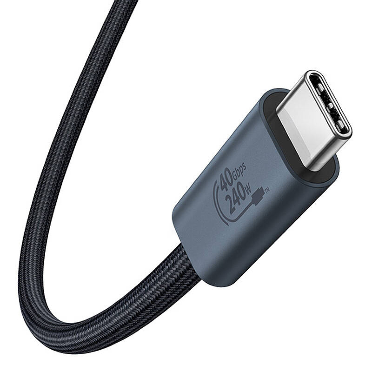 Nahaufnahme eines USB-C-Kabels mit grauem geflochtenem Design.