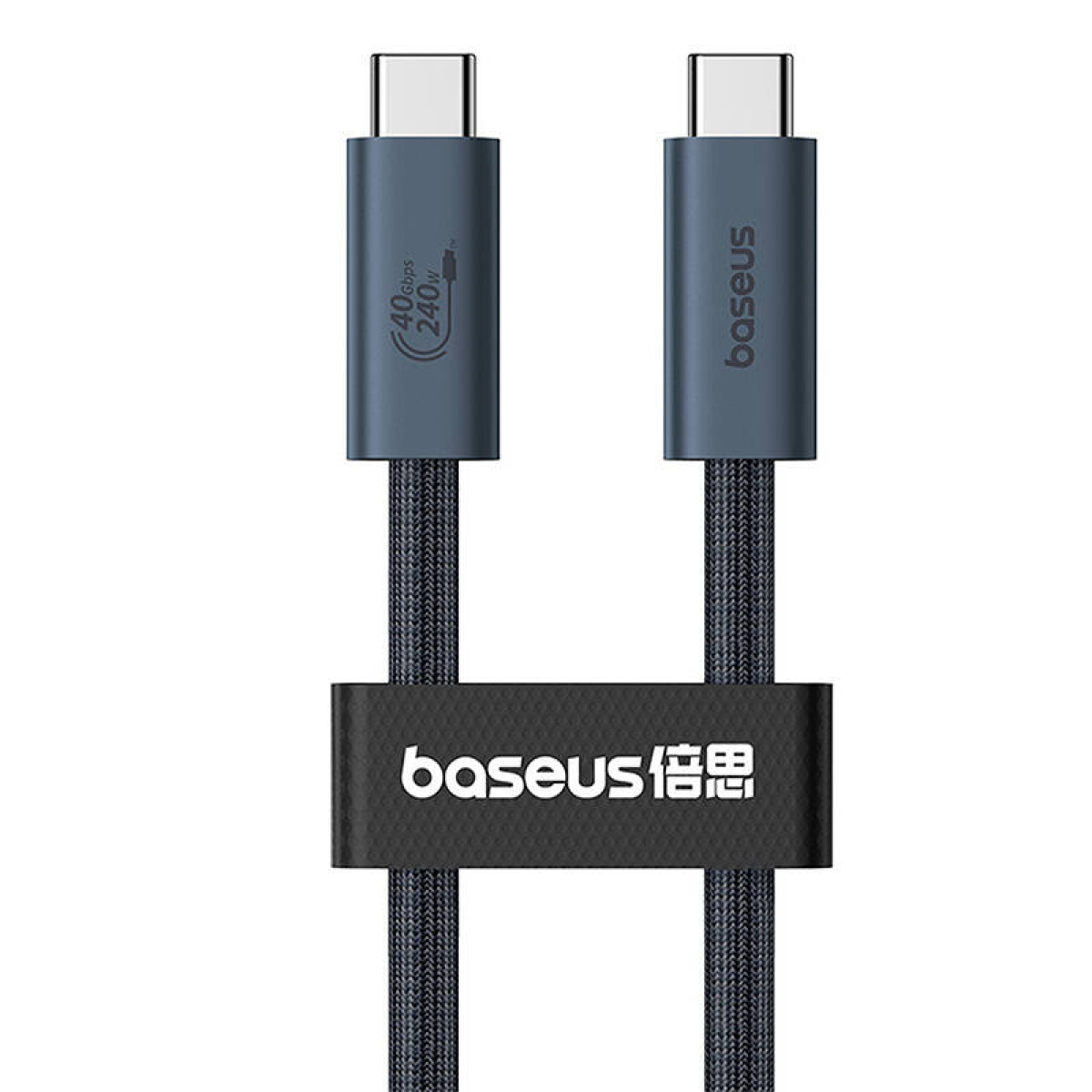 Zwei USB-C-Kabel, verbunden mit einem schwarzen Stück, zeigen 40 Gbit/s und 240 W Stromversorgung.