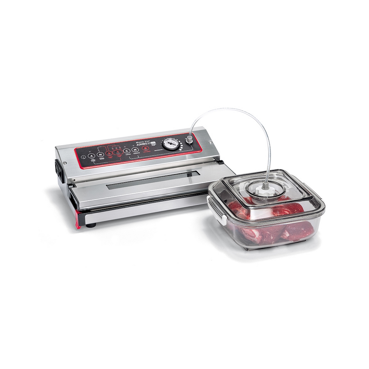 Zgrzewarka próżniowa z pojemnikiem surowego mięsa.