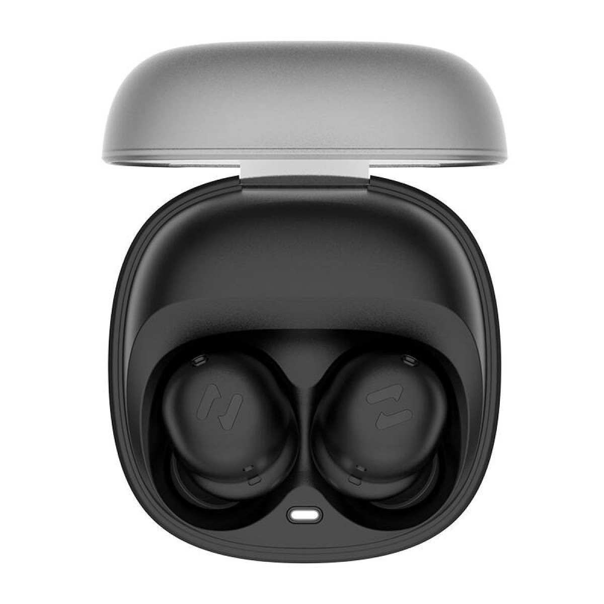 Czarny, otwarty futerał ładujący słuchawki bezprzewodowe z dwoma słuchawkami.