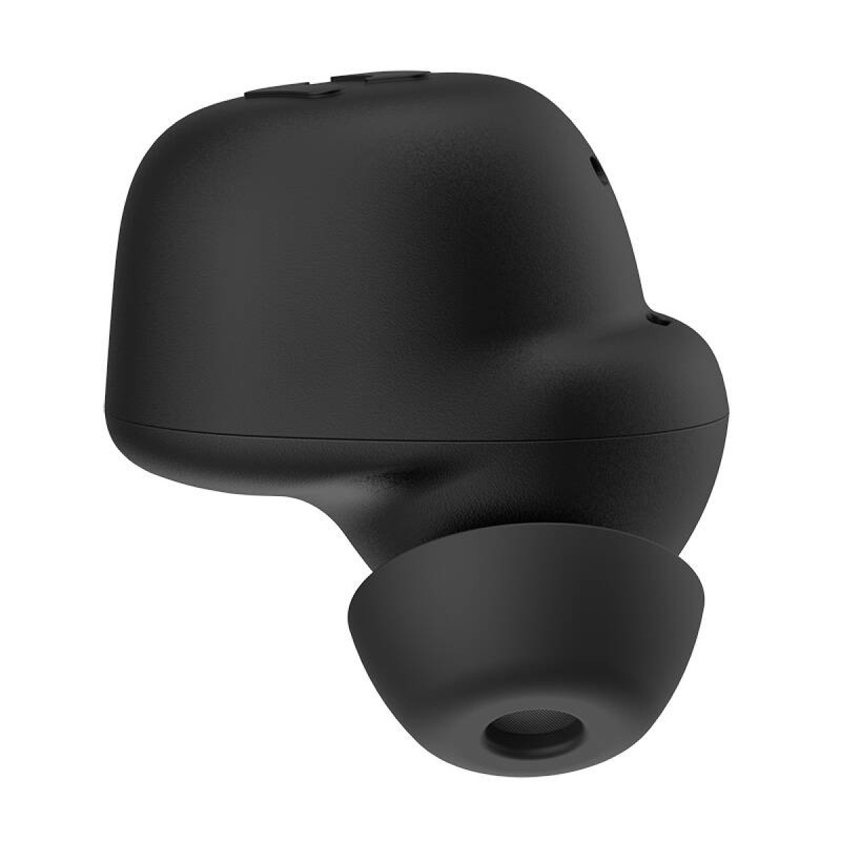 Zbliżenie czarnej słuchawki. Słuchawka jest gładka i zaokrąglona, z małą dyszą do ucha.