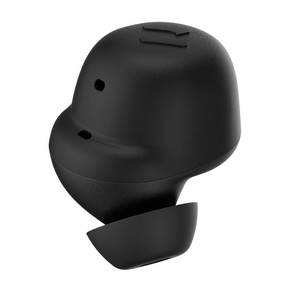 Czarny pączek, zbliżenie. Ma zaokrąglony kształt z miękkimi krzywiznami. Dwa otwory.