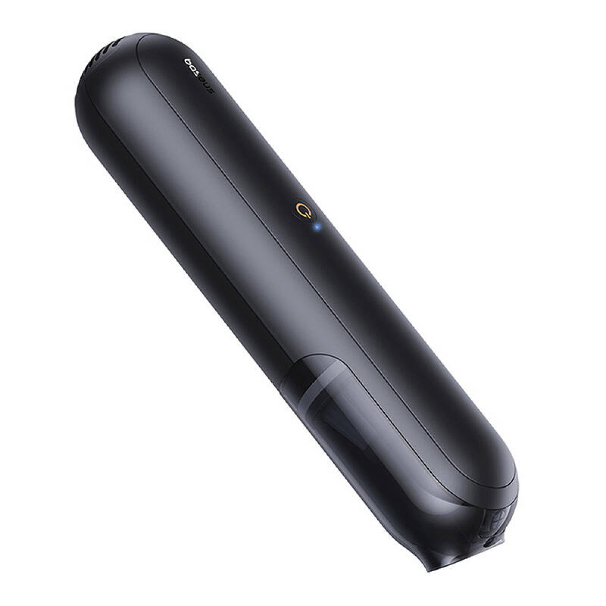 Ein schwarzer Handstaubsauger. Es hat ein schlankes Design und ein transparentes Staubfach.