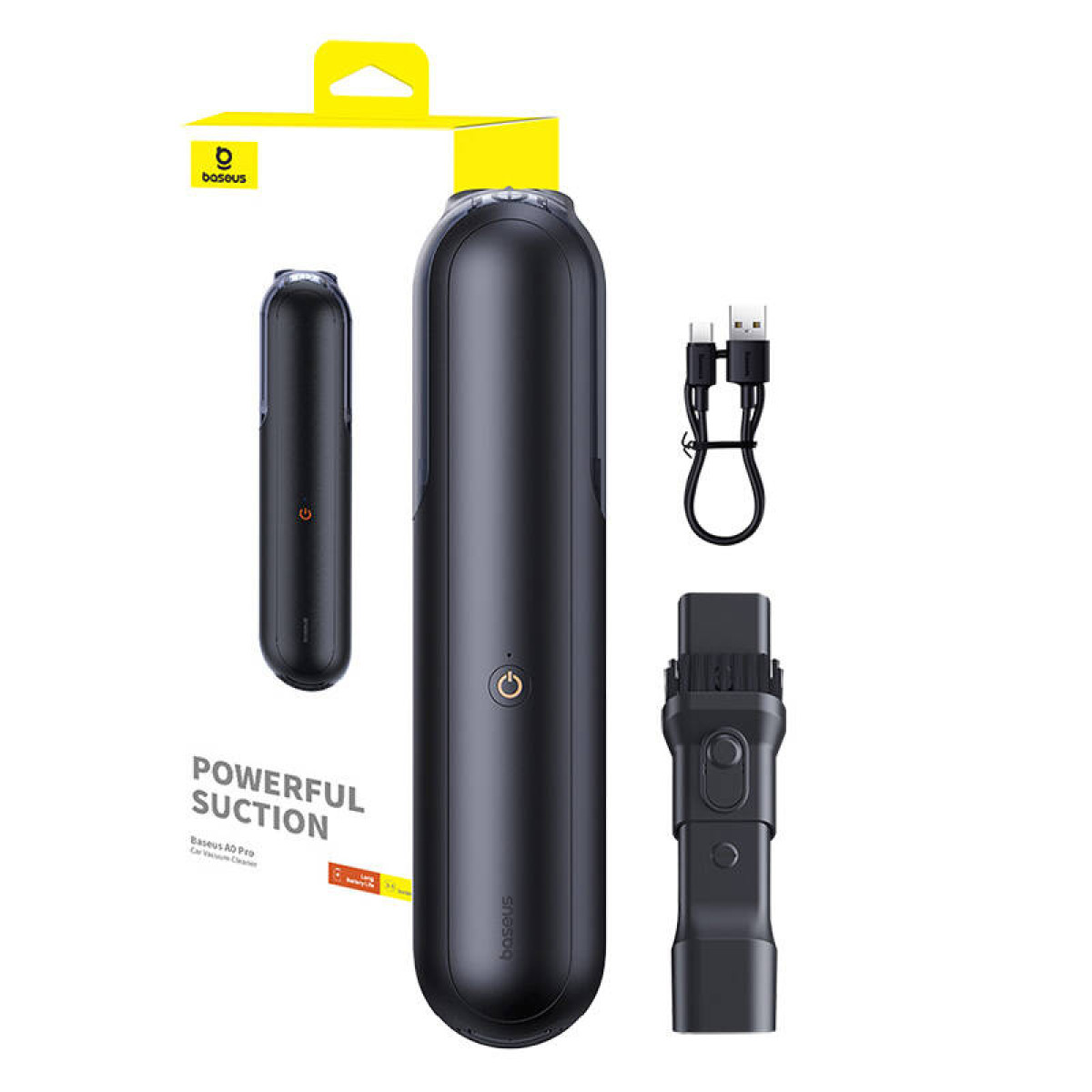 Ein schwarzes Baseus-Staubsauger-Kit mit Staubsauger, Düsenaufsätzen und Ladekabel, alles auf weißem Hintergrund.