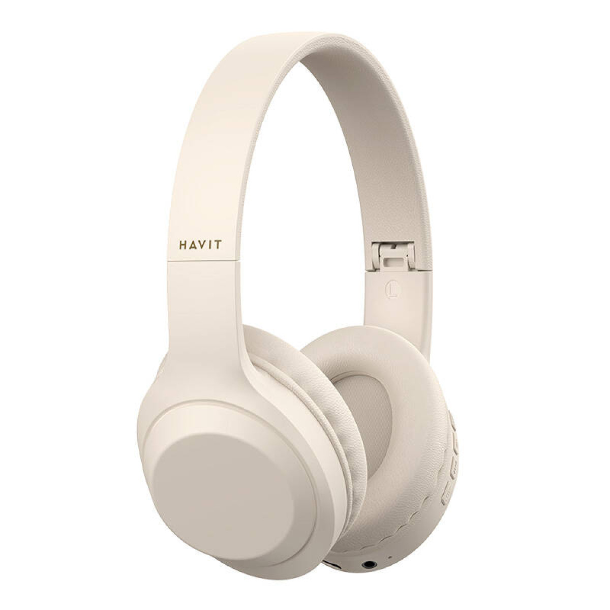 Auriculares Havit blanquecinos. Se ven la diadema y las orejeras. Havit impreso en la diadema.