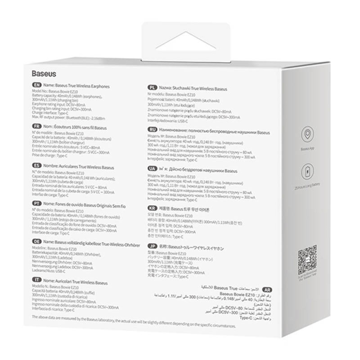 Baseus kabellose Ohrhörerbox mit Spezifikationen in mehreren Sprachen.