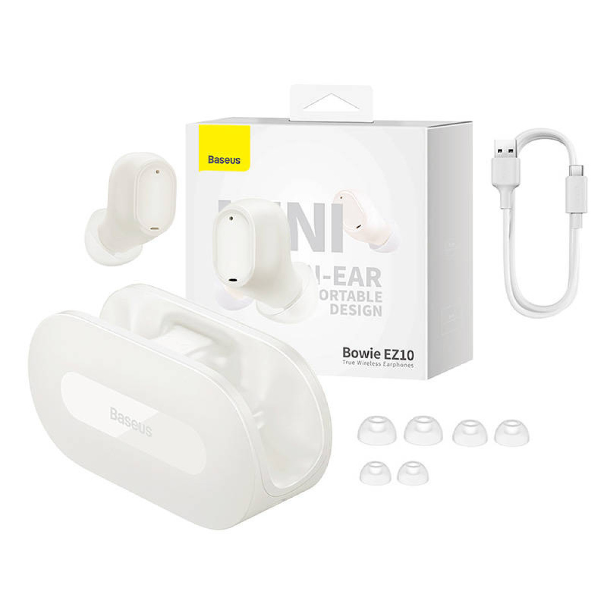 Weiße Baseus-Ohrhörer mit Ladeetui, Kabel und Ohrstöpseln auf Weiß.