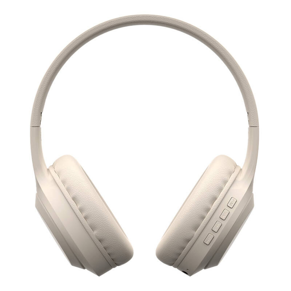 Auriculares beige con almohadillas y diadema, botones en la copa derecha, fondo blanco.