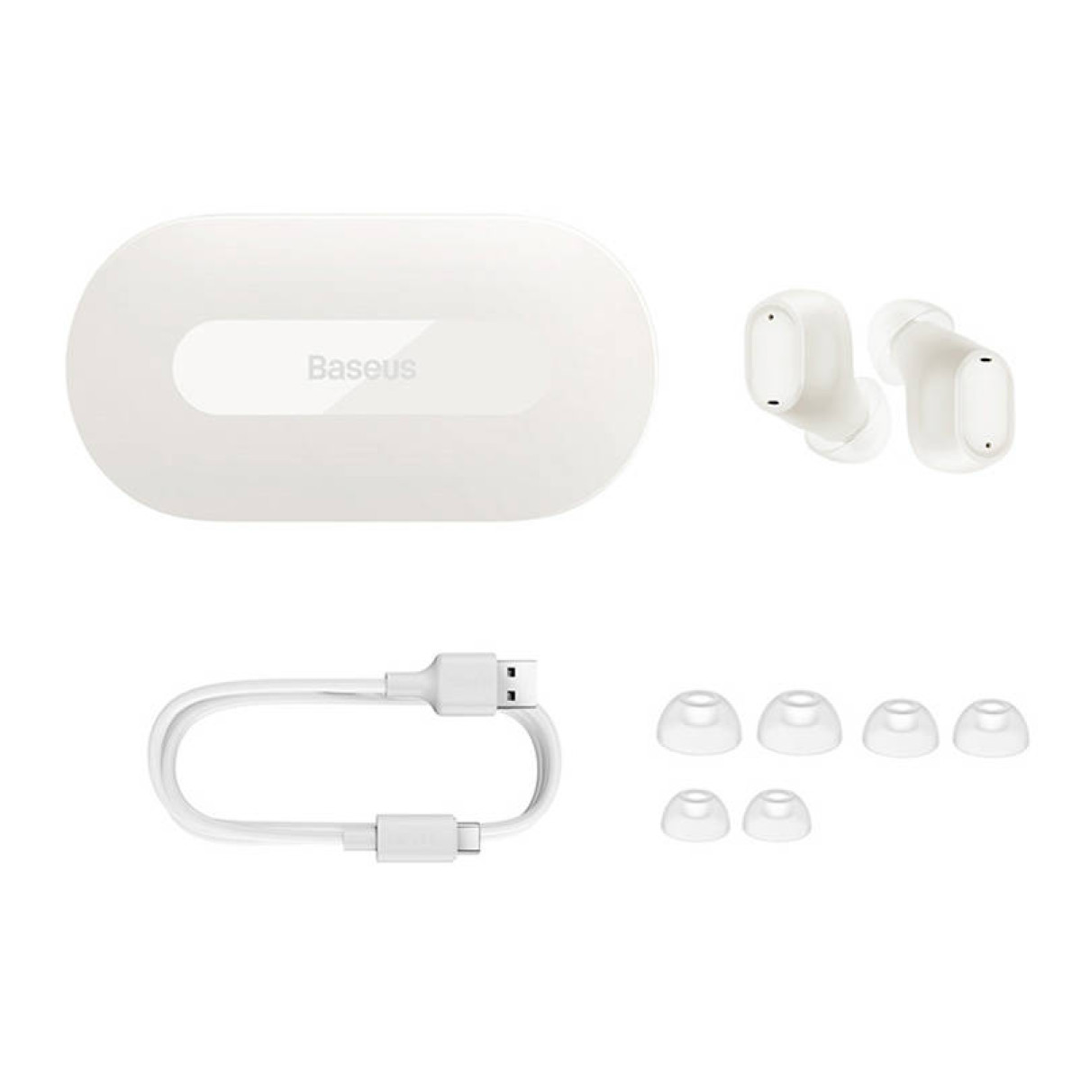 Weiße Baseus kabellose Ohrhörer, Ladecase, Ladekabel und zusätzliche Ohrstöpsel.