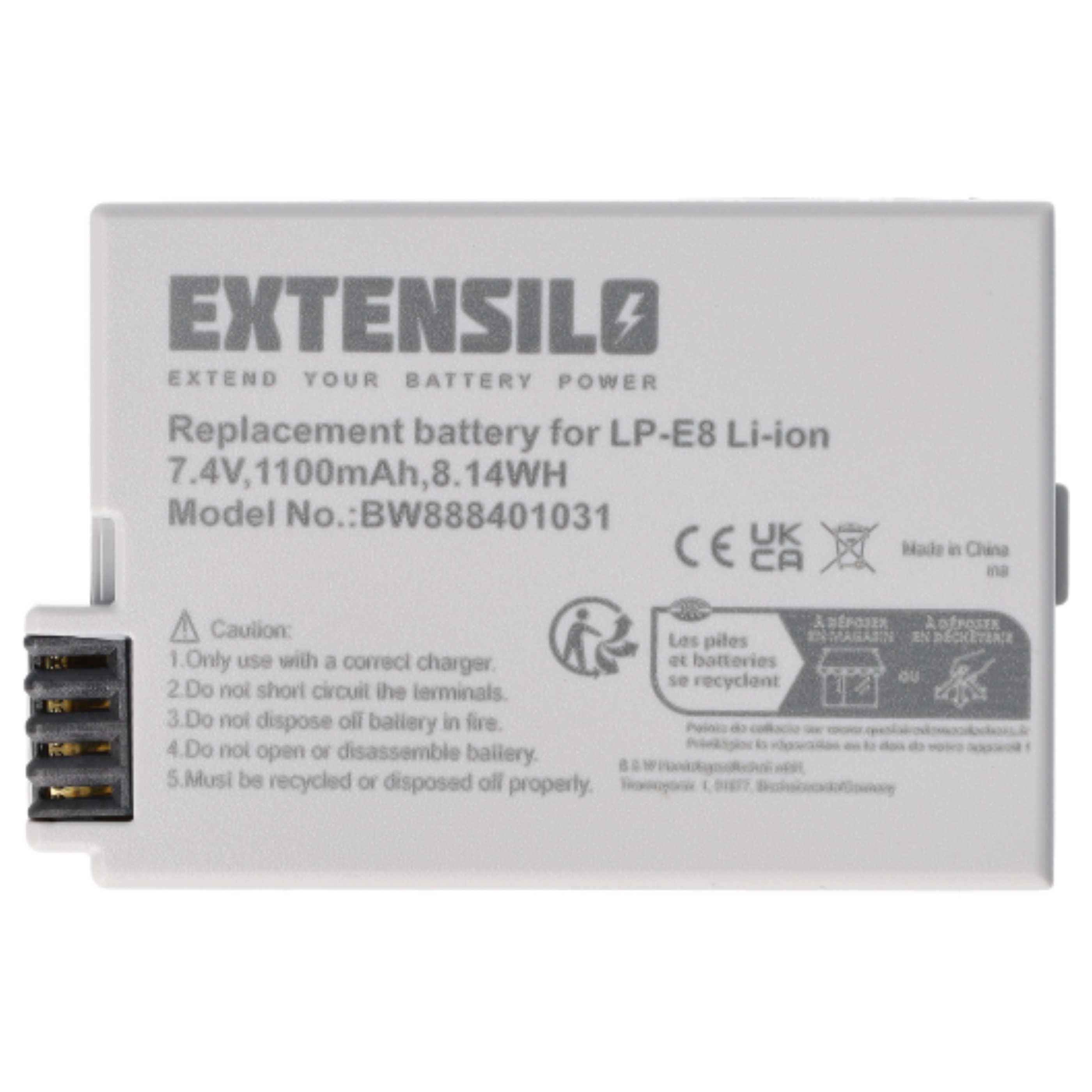 Weiße Batterie mit schwarzen und goldenen Anschlüssen. Text: Extensilo, Ersatzbatterie, 7,4V, 1100mAh, 8,14WH.