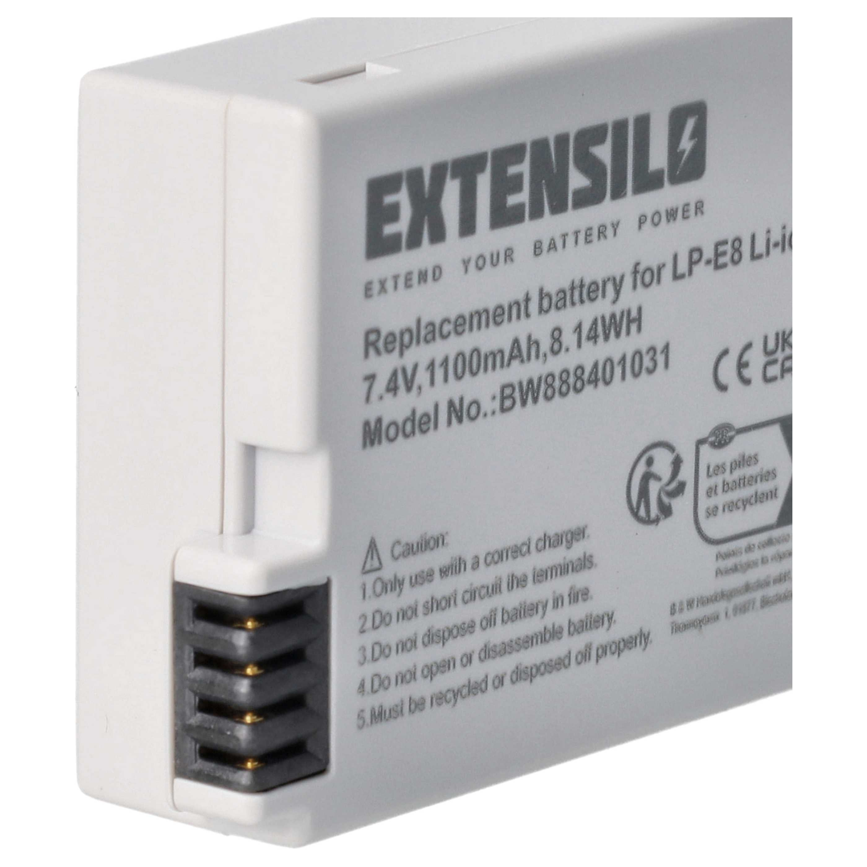 Eine weiße Batterie mit schwarzen Anschlüssen. Text zeigt Modell und Spezifikationen.