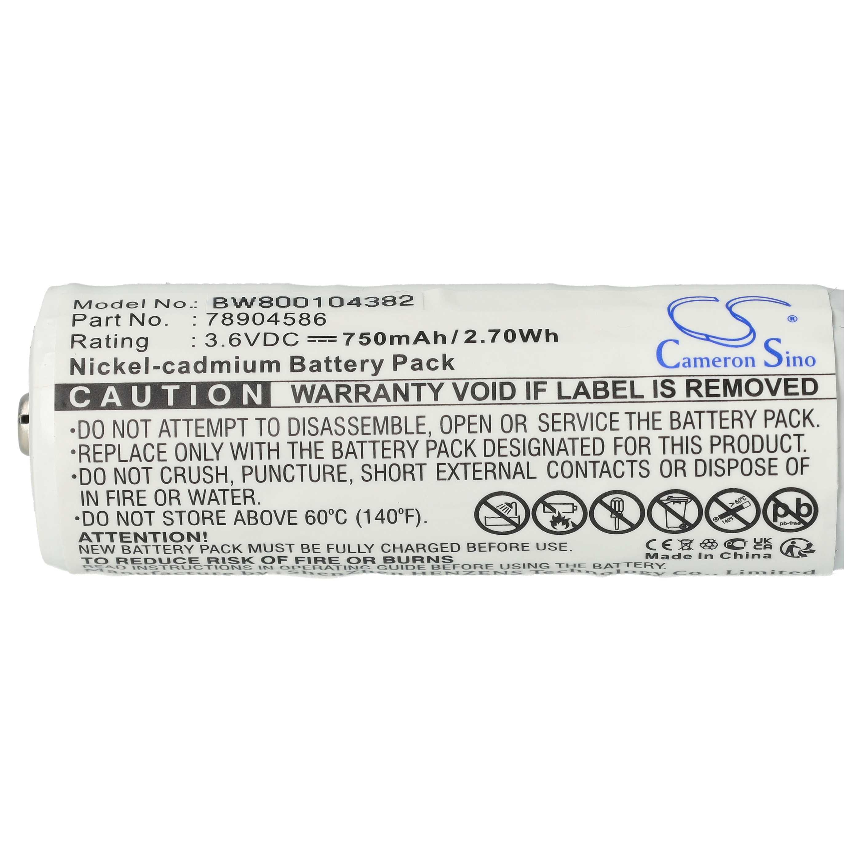Weißes Akku-Pack mit Text: Modell-Nr., Teilenummer, Bewertung und Warnhinweise.