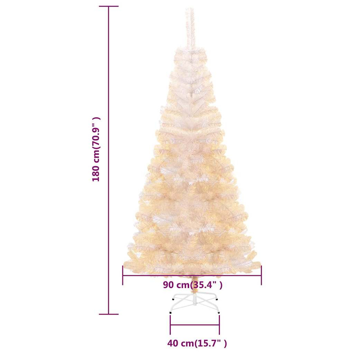 Weißer künstlicher Weihnachtsbaum mit Abmessungen. Der Baum steht auf weißem Hintergrund.