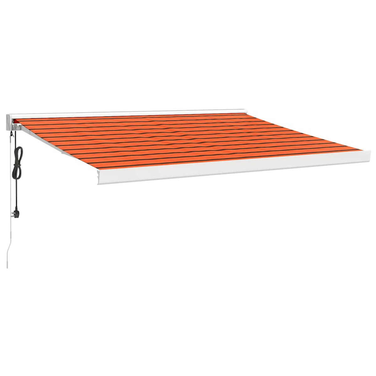 Orange und schwarze Markise, die sich von einer weißen Wand erstreckt. Schwarzes Netzkabel links.