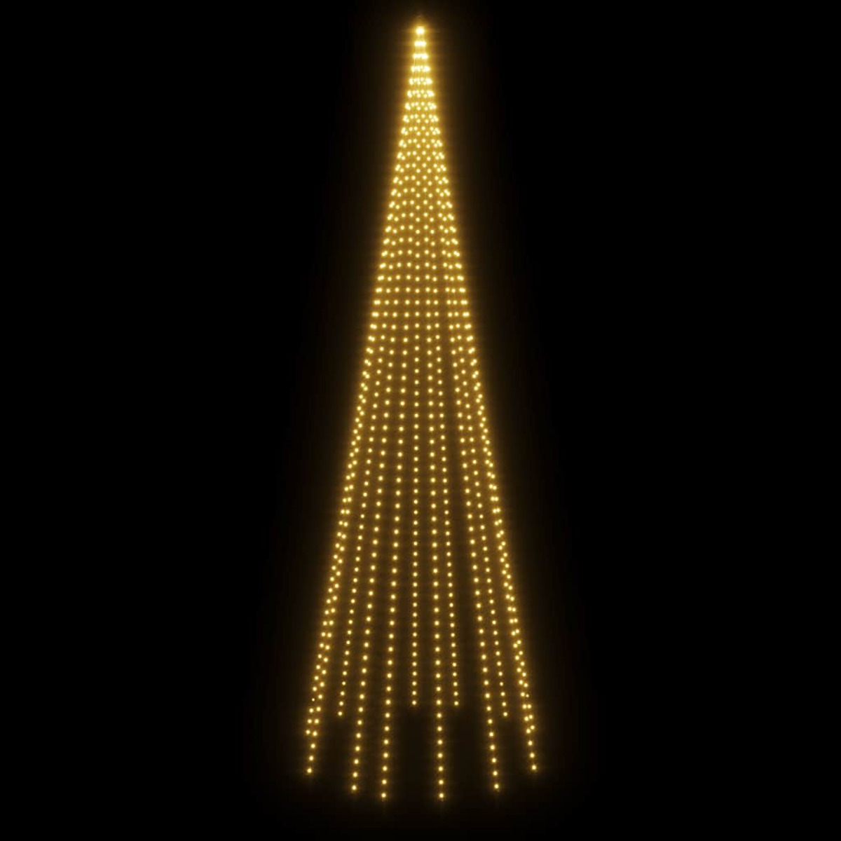 Eine Lichterkette, die eine Baumform vor schwarzem Hintergrund bildet. Die Lichter sind warmgelb.