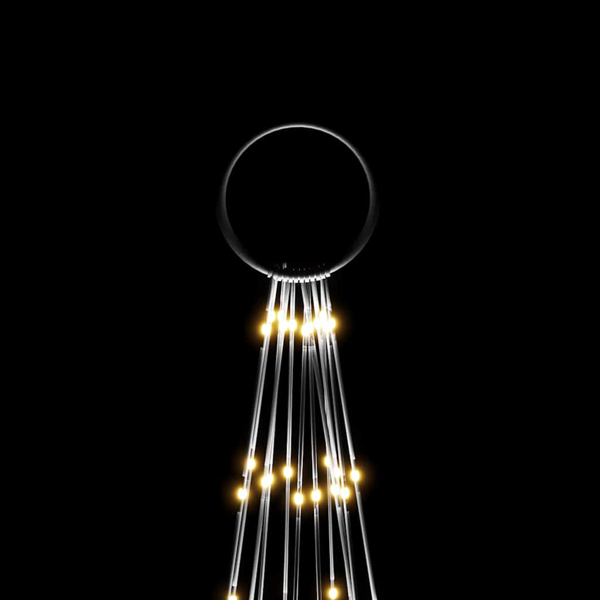 Ein kreisförmiges Objekt mit herunterhängenden Lichtern auf schwarzem Hintergrund. Die Lichter sind gelb.