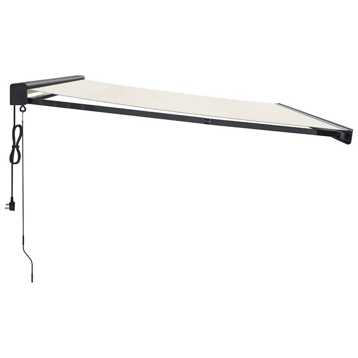Eine weiße Markise ausgefahren, die an einem schwarzen Rahmen hängt. Auf der linken Seite sind ein schwarzes Netzkabel und ein Stecker zu sehen.