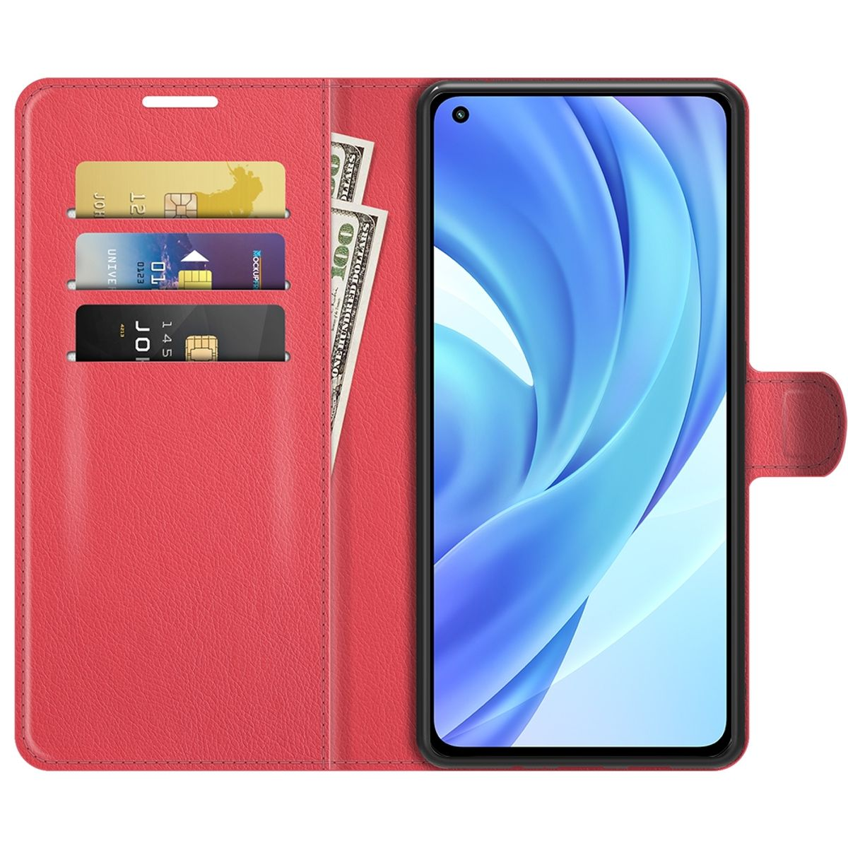 Eine rote Handyhülle mit Telefon, Karten und Geld, mit weißem Hintergrund.