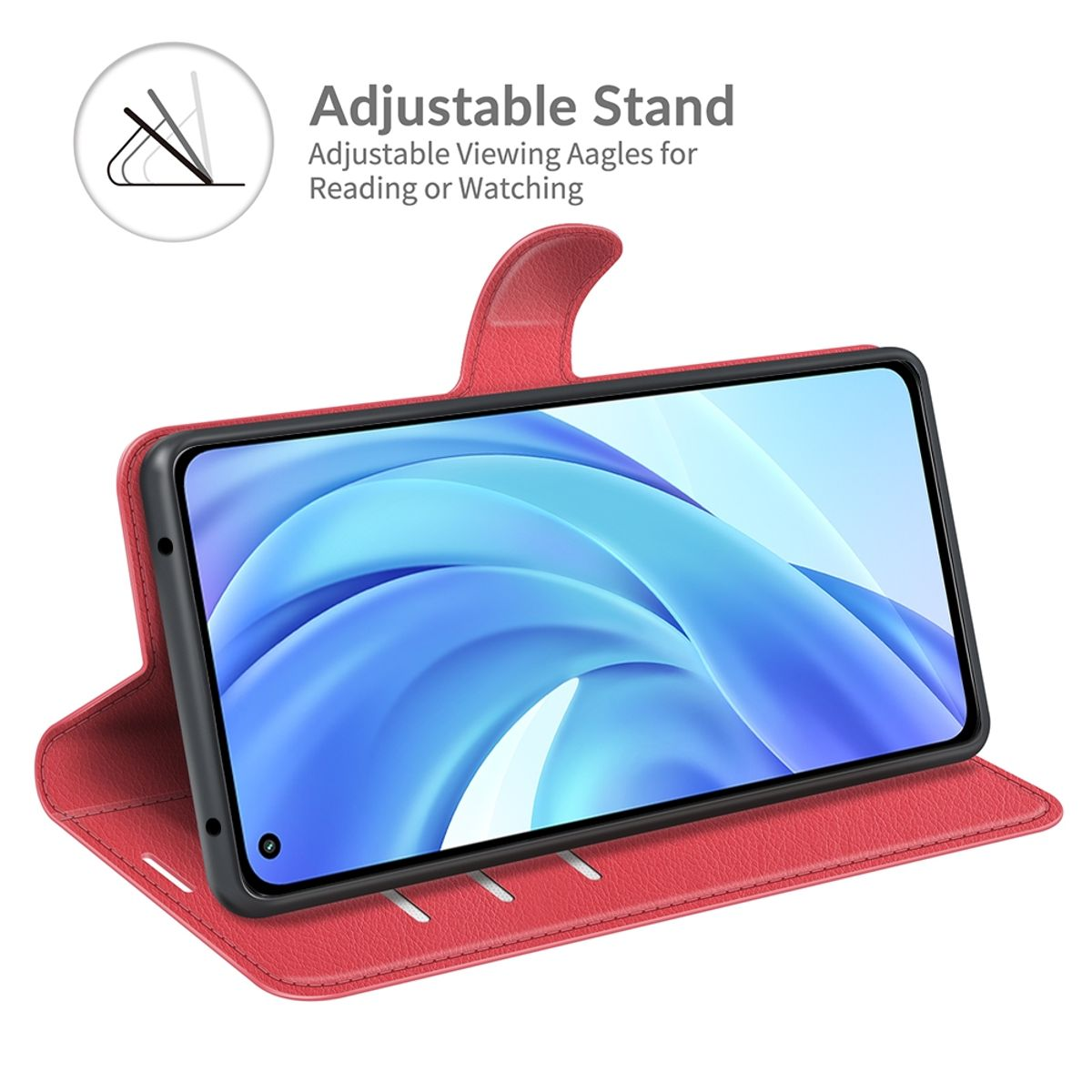 Rote Handyhülle offen, mit Telefon darin. Verstellbarer Ständer, weißer Hintergrund.