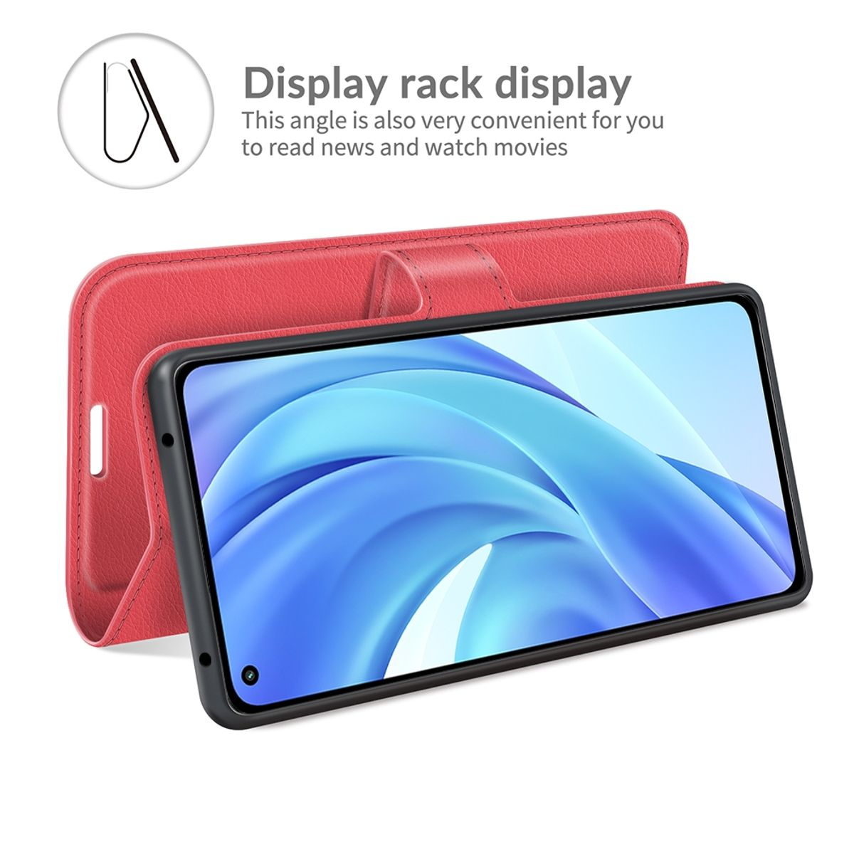 Rote Handyhülle mit Telefon. Es ist ein Display-Rack.