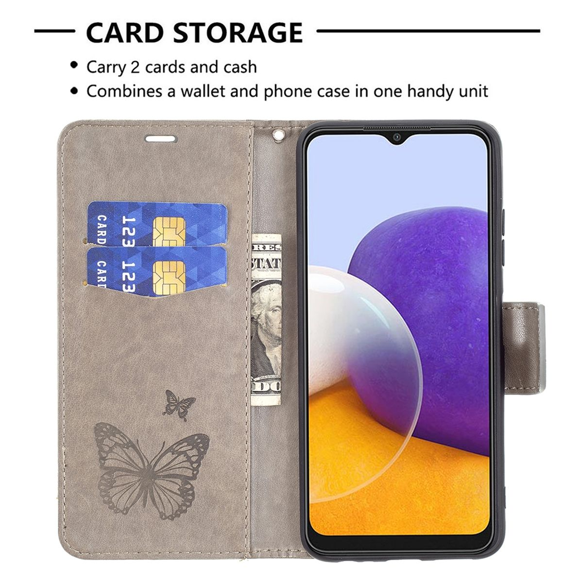 Geöffnete Handyhülle mit Handy, zwei Karten und Bargeld sichtbar. Ein Schmetterlingsdesign auf dem Gehäuse.