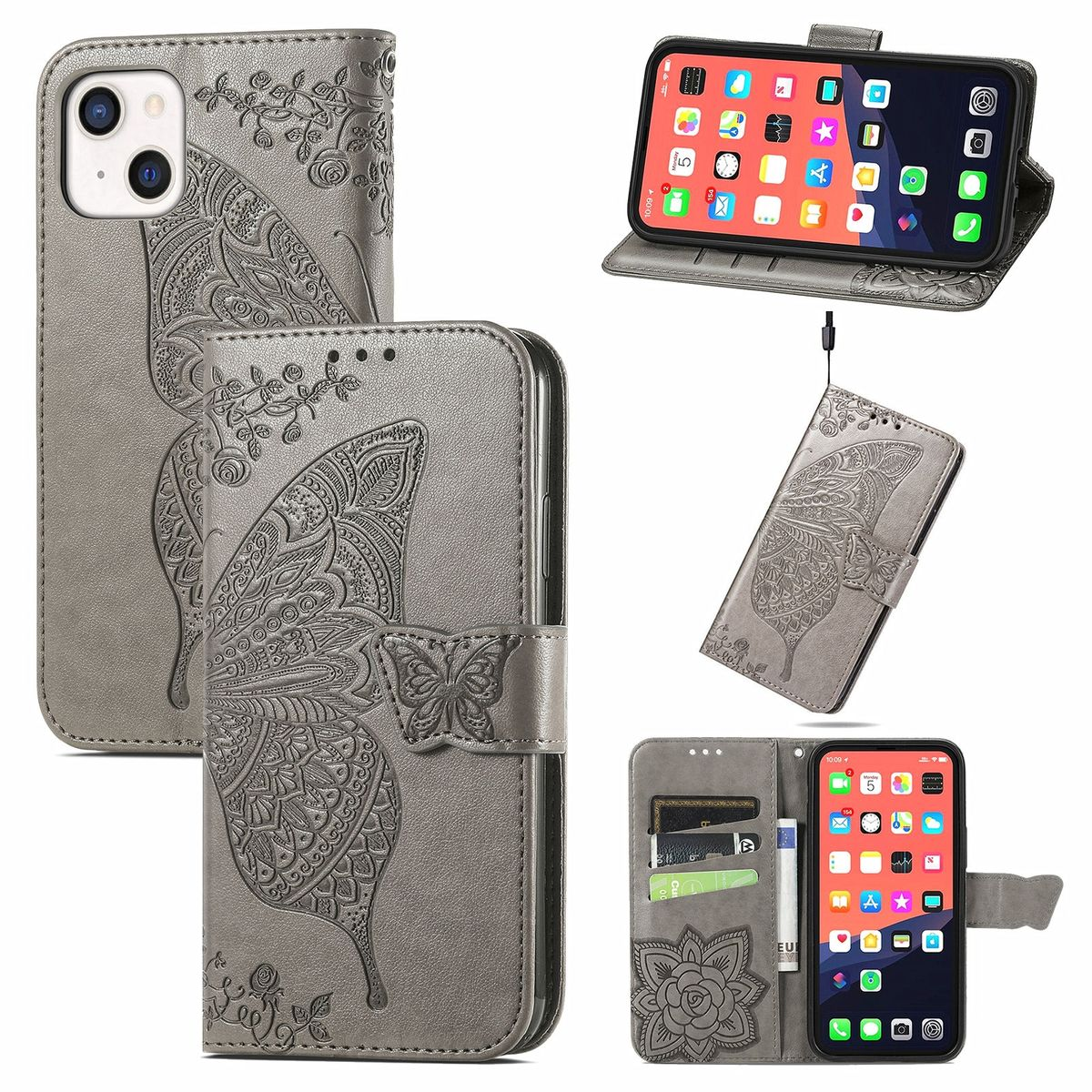 Graues Leder-Handycase mit Schmetterlingsdesign, mehrere Ansichten zeigen Telefon und Kartenfächer.
