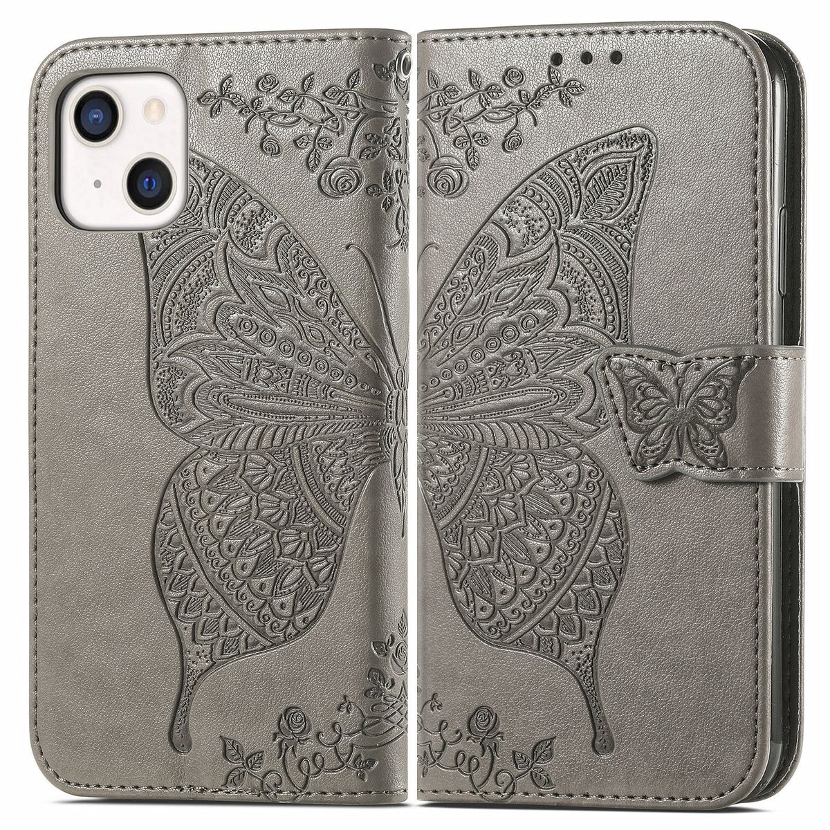 Graue Handyhülle mit Schmetterlingsdesign. Geöffnet zeigt sie das Telefonfach und ein Blumenmuster.